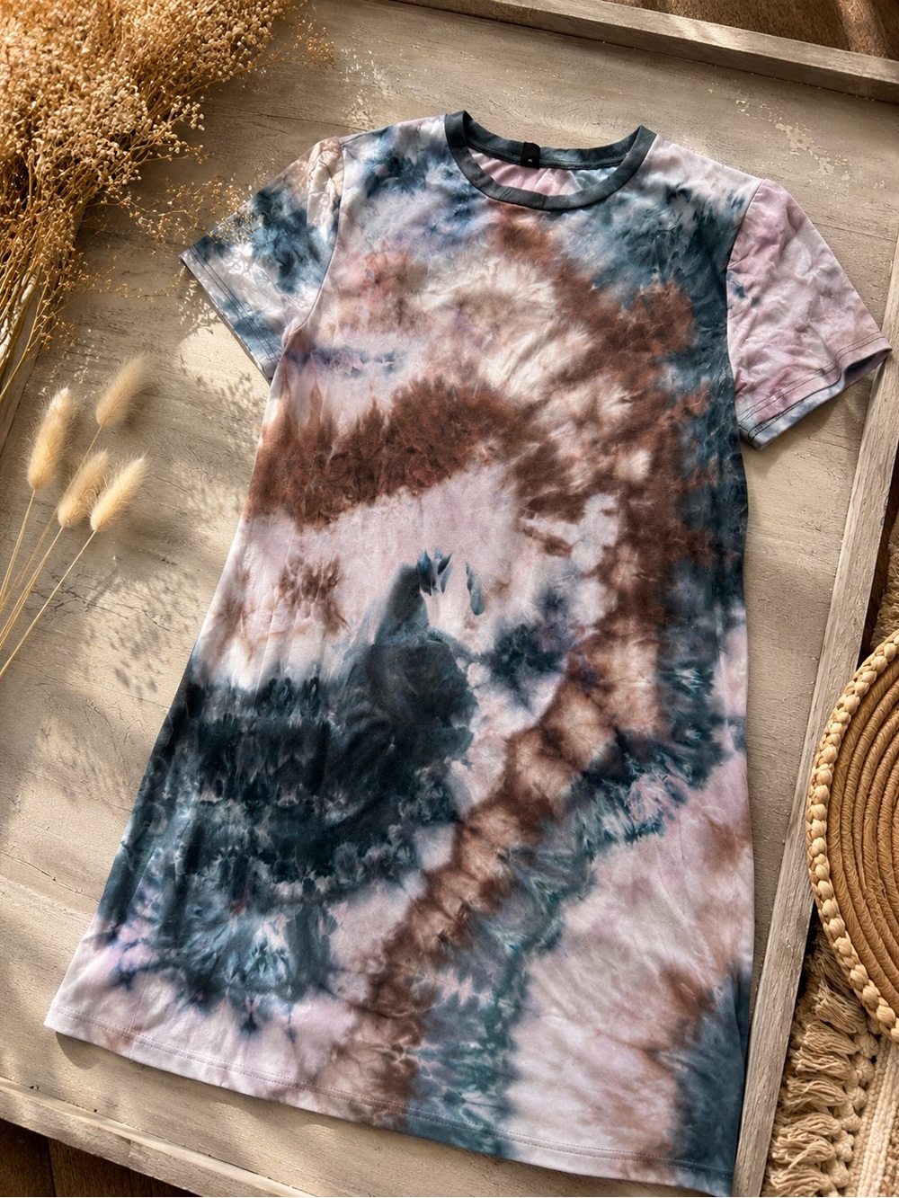 SHEIN Tie-Dye Short Sleeve Tee Dress - Blue, Brown & Pink